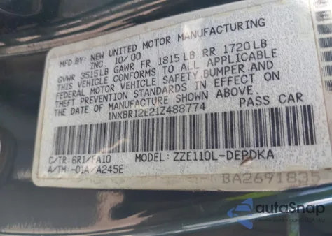 2001 Toyota Corolla Ce/Le/S из США, поврежденный, VIN 1NXBR12E21Z488774